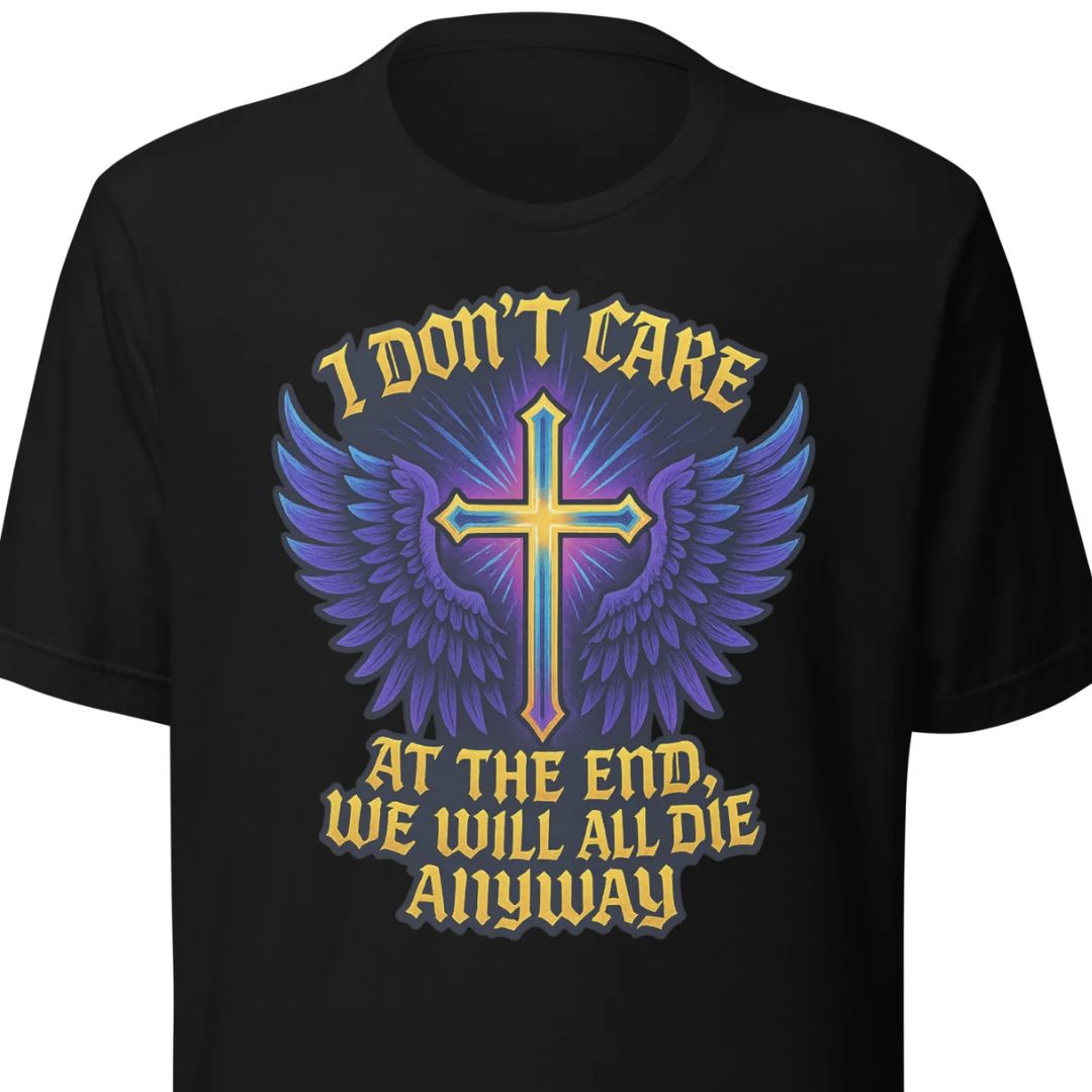 I Don’t Care – At The End, We Will All Die Anyway – Unisex T-Shirt - Motivansicht bei FunStuff.at