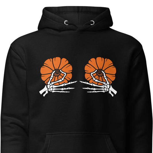 Pumpkin Boobs 2.0 – Halloween Hoodie mit Skelett-Händen