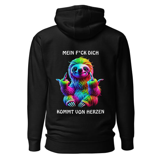 „Mein F*ck Dich kommt von Herzen“ – Faultier Hoodie Backprint