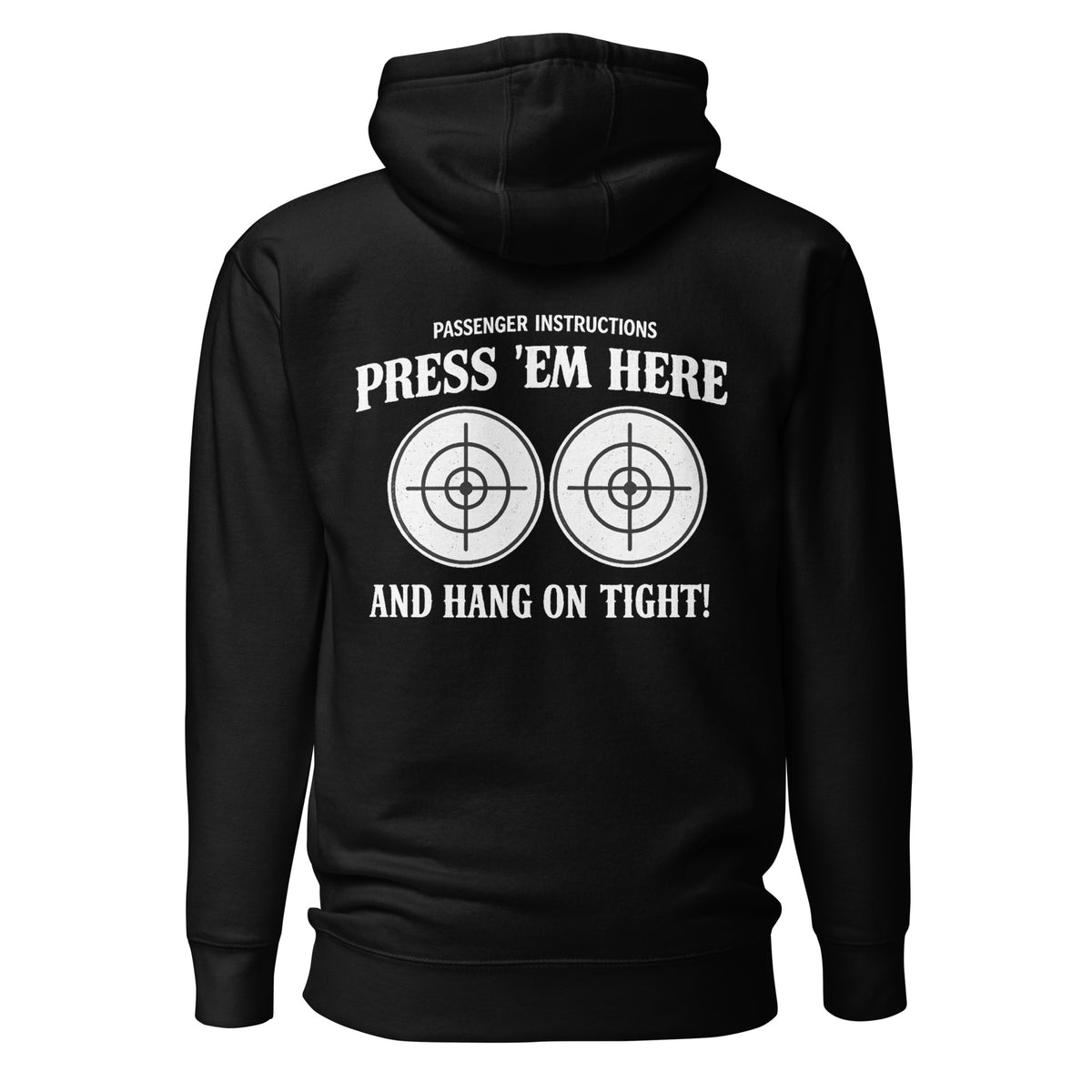 Passenger Instructions Press ’Em Here Backprint Unisex Biker Hoodie – schwarz, Rückansicht