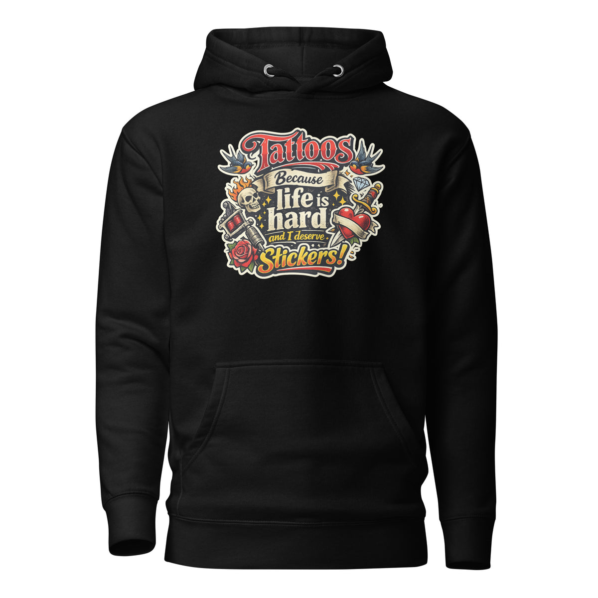 Tattoos Because Life Is Hard – Flash Art Hoodie – schwarz, Vorderansicht