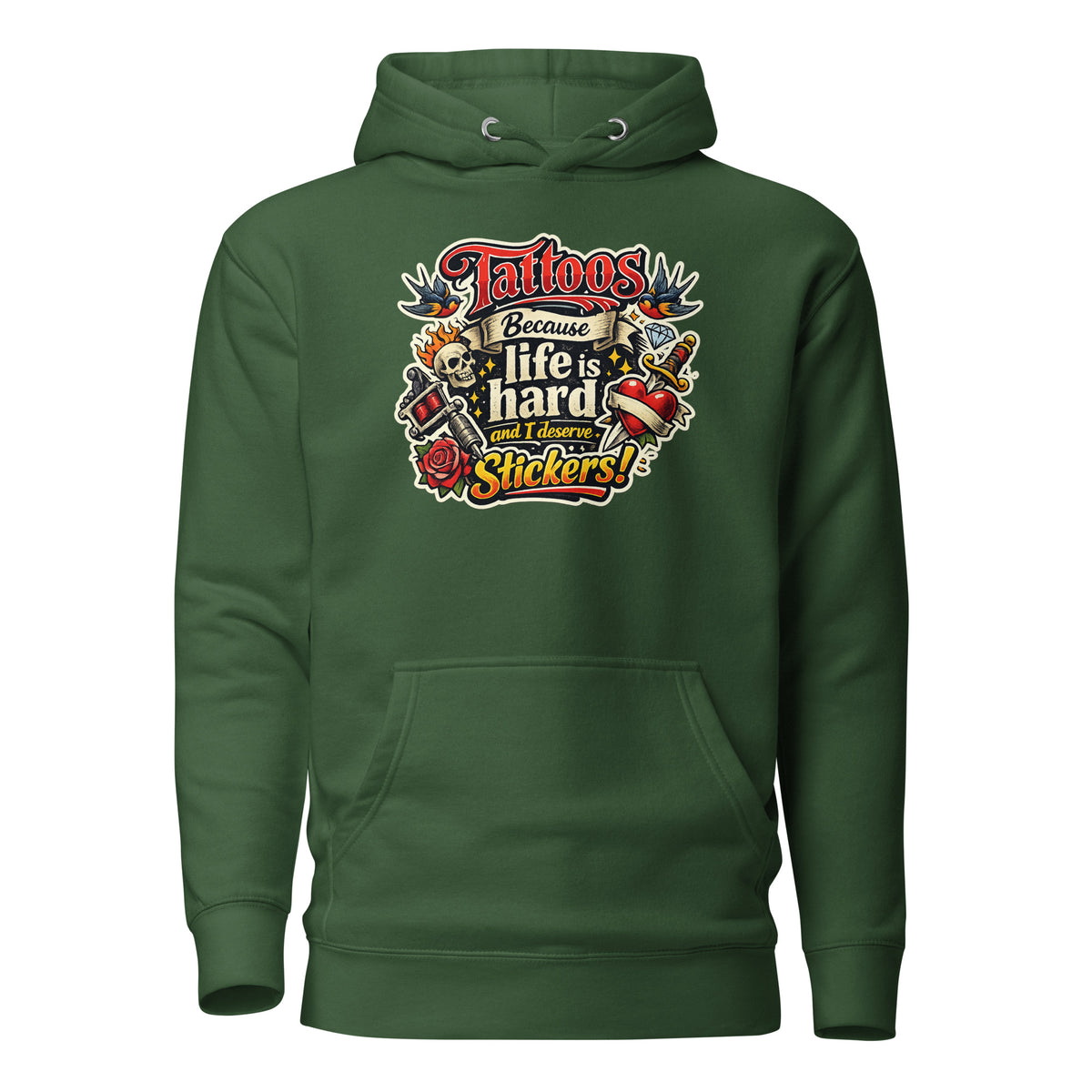 Tattoos Because Life Is Hard – Flash Art Hoodie – grün, Vorderansicht