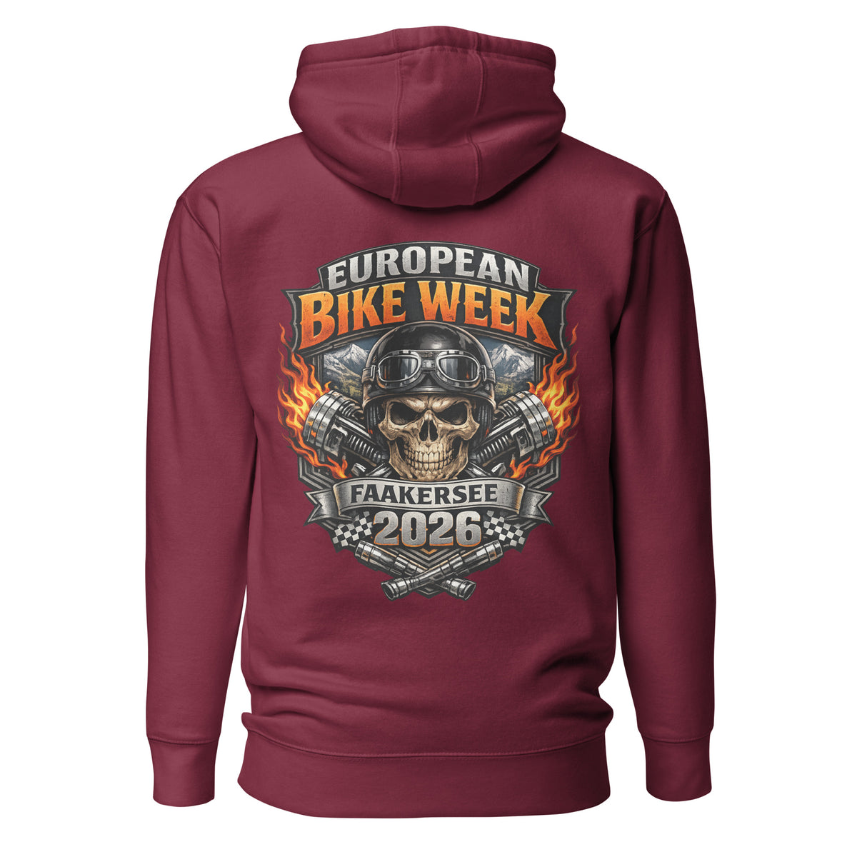 European Bike Week 2026 – Faakersee Hoodie – weinrot, Rückansicht