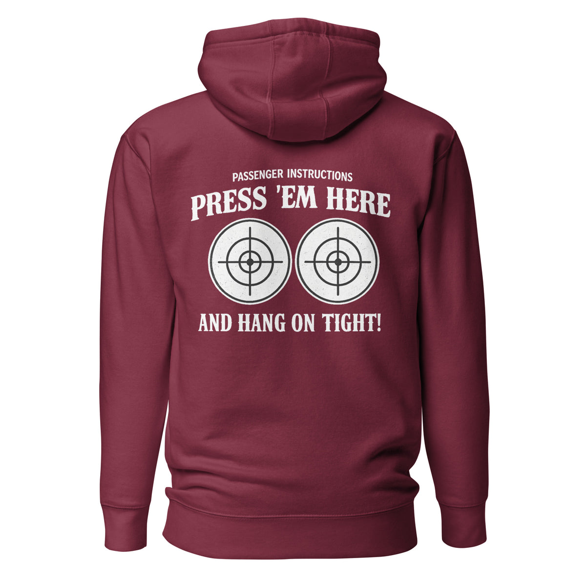 Passenger Instructions Press ’Em Here Backprint Unisex Biker Hoodie – weinrot, Rückansicht