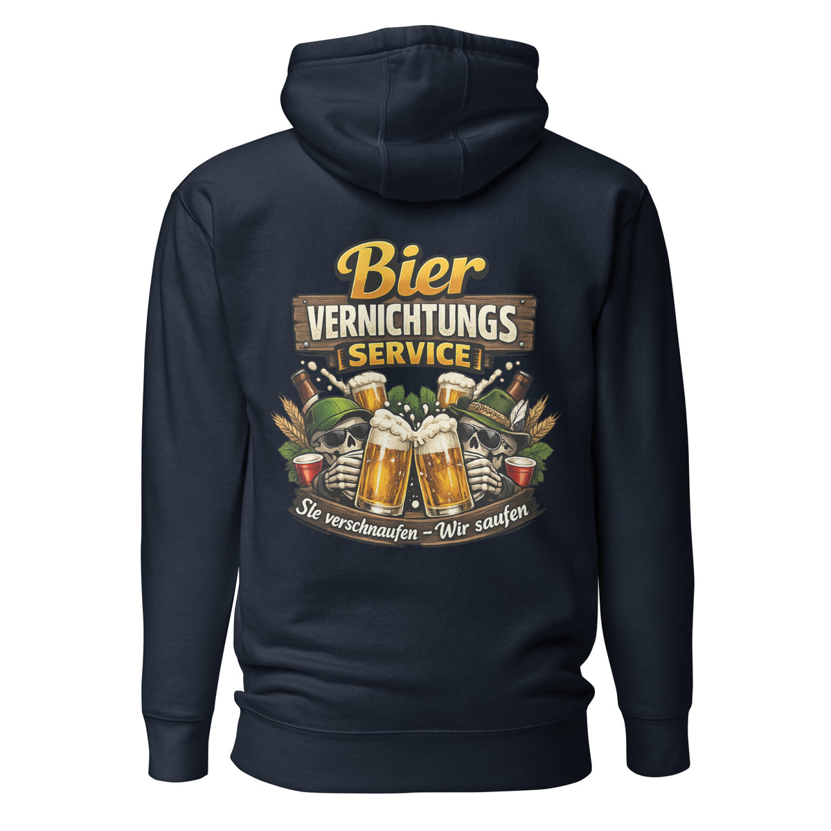 Bier Vernichtungs Service – Backprint Statement Hoodie – navyblau, Rückansicht