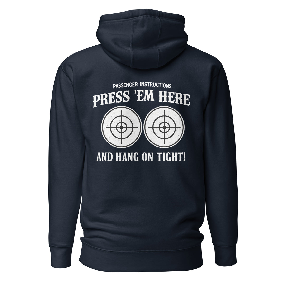 Passenger Instructions Press ’Em Here Backprint Unisex Biker Hoodie – navyblau, Rückansicht