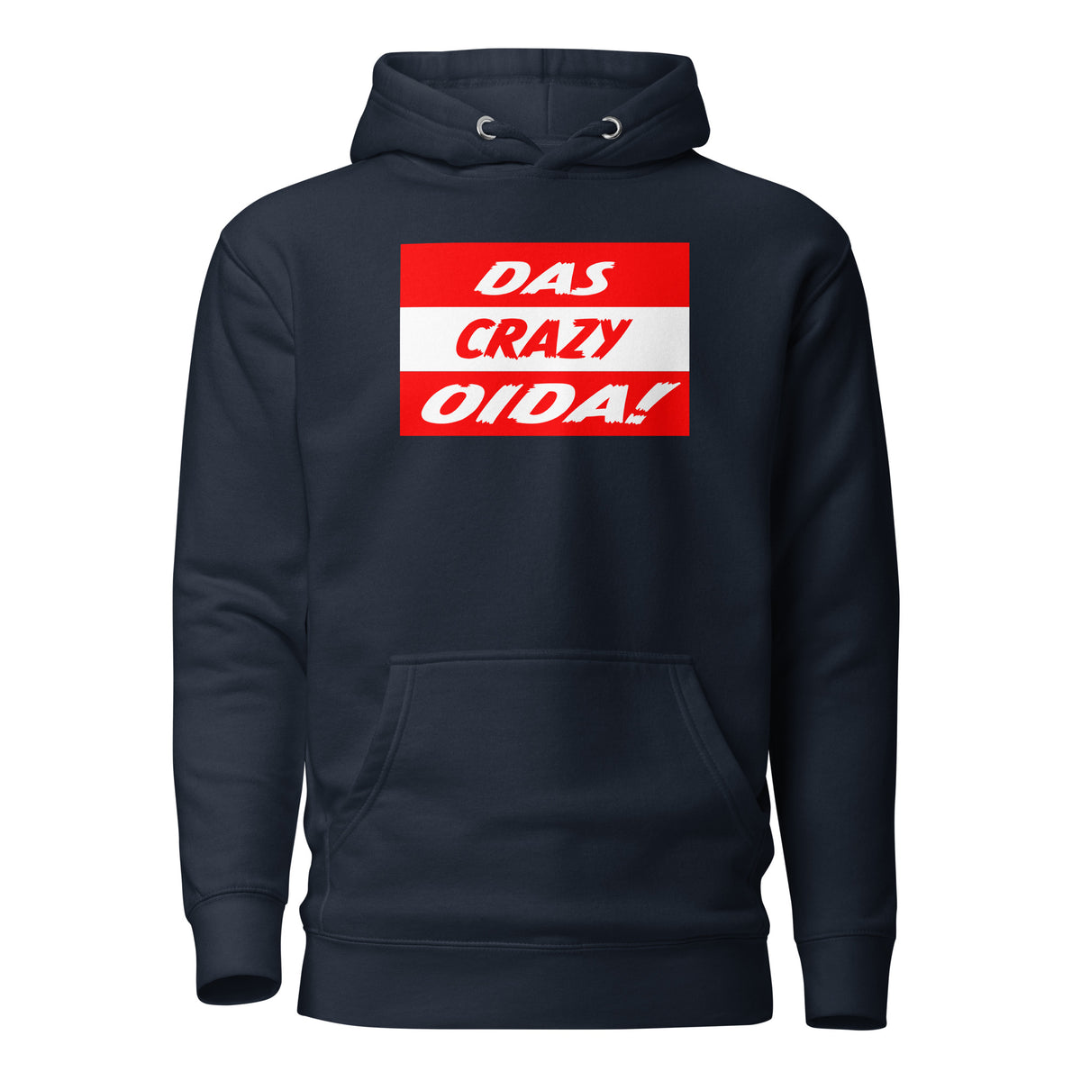 Das Crazy Oida Unisex Hoodie – navyblau, Vorderansicht