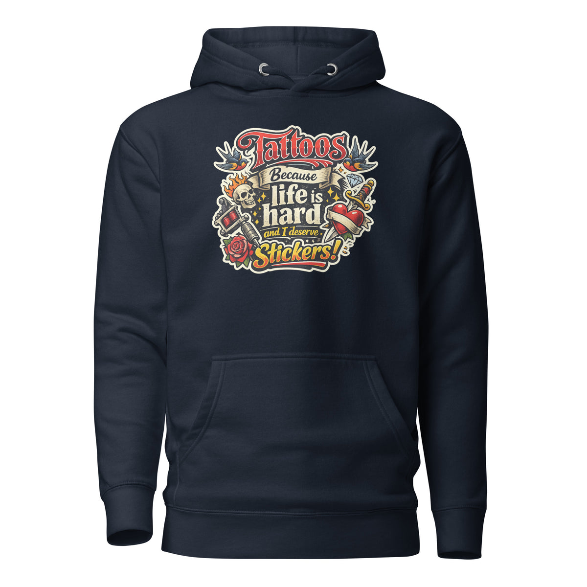 Tattoos Because Life Is Hard – Flash Art Hoodie – navyblau, Vorderansicht