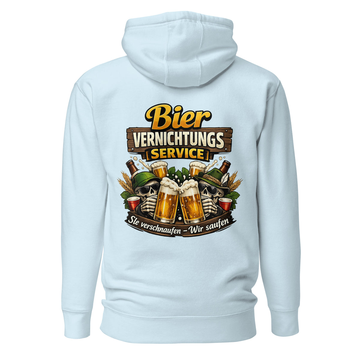 Bier Vernichtungs Service – Backprint Statement Hoodie – blau, Rückansicht