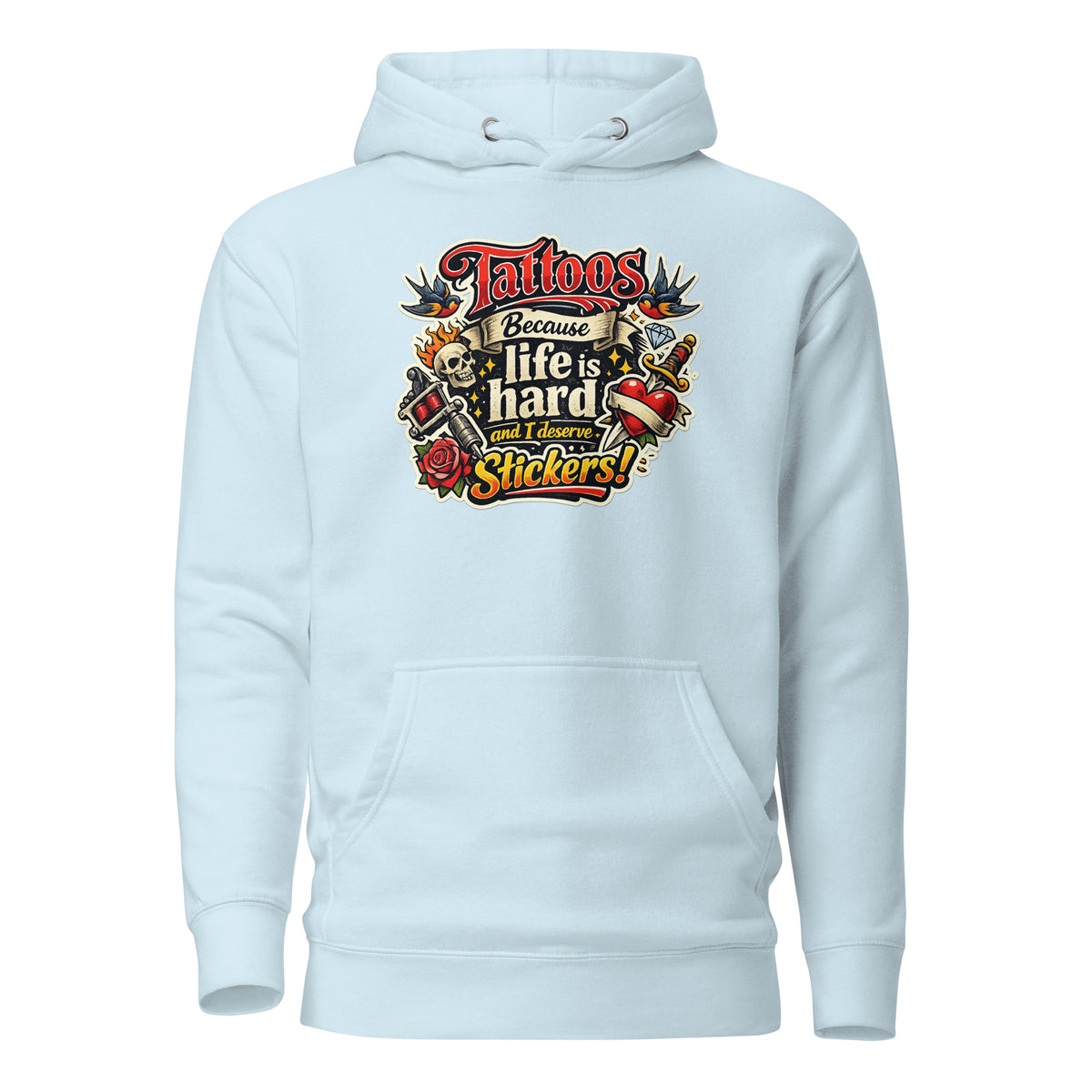 Tattoos Because Life Is Hard – Flash Art Hoodie – blau, Vorderansicht