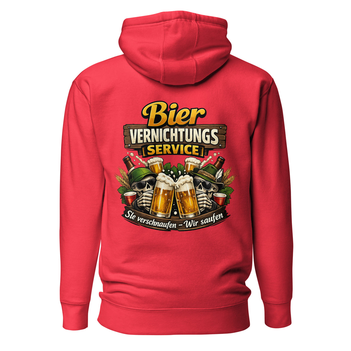 Bier Vernichtungs Service – Backprint Statement Hoodie – rot, Rückansicht
