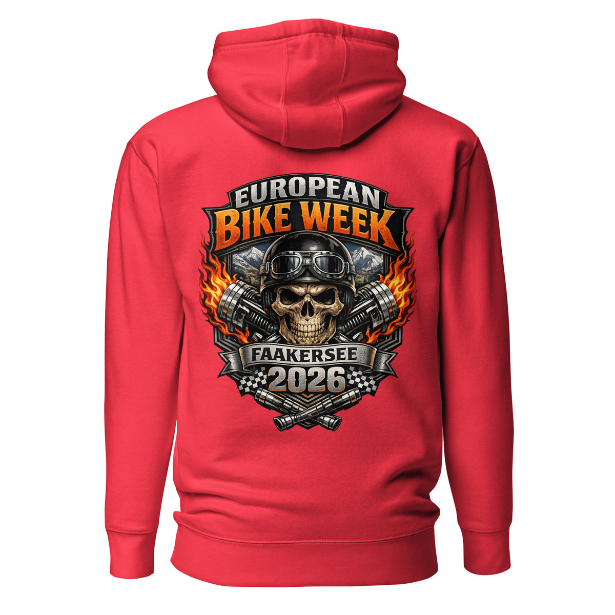 European Bike Week 2026 – Faakersee Hoodie – rot, Rückansicht