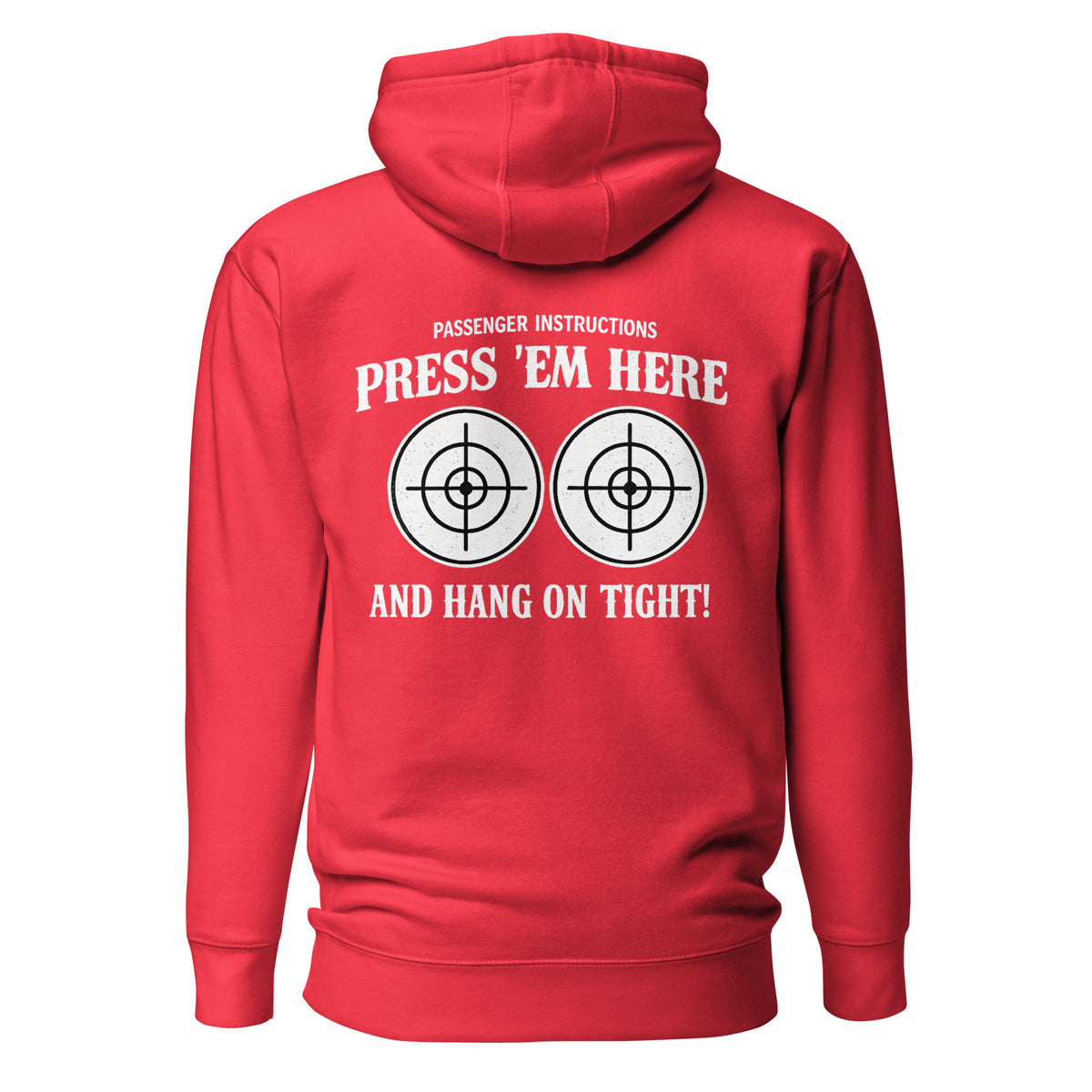 Passenger Instructions Press ’Em Here Backprint Unisex Biker Hoodie – rot, Rückansicht