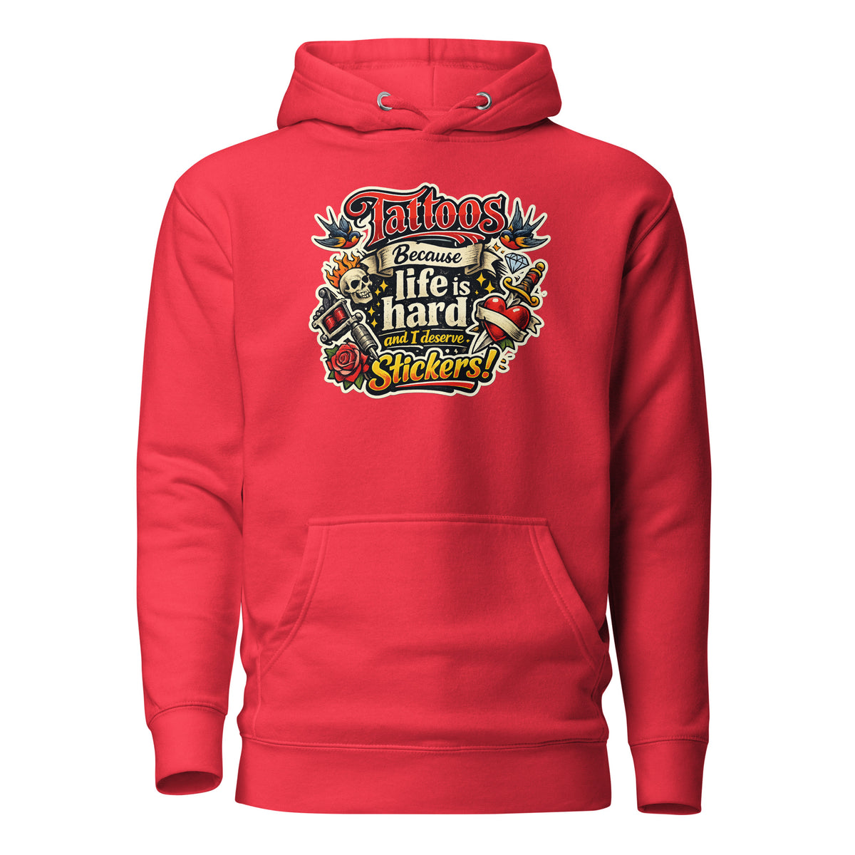 Tattoos Because Life Is Hard – Flash Art Hoodie – rot, Vorderansicht