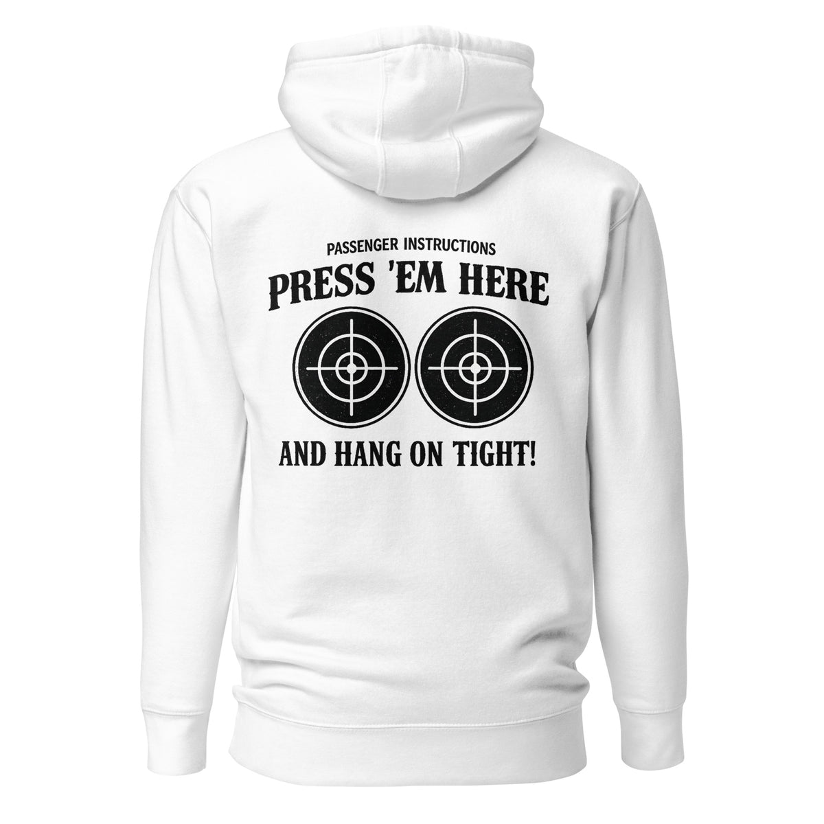 Passenger Instructions Press ’Em Here Backprint Unisex Biker Hoodie – weiß, Rückansicht