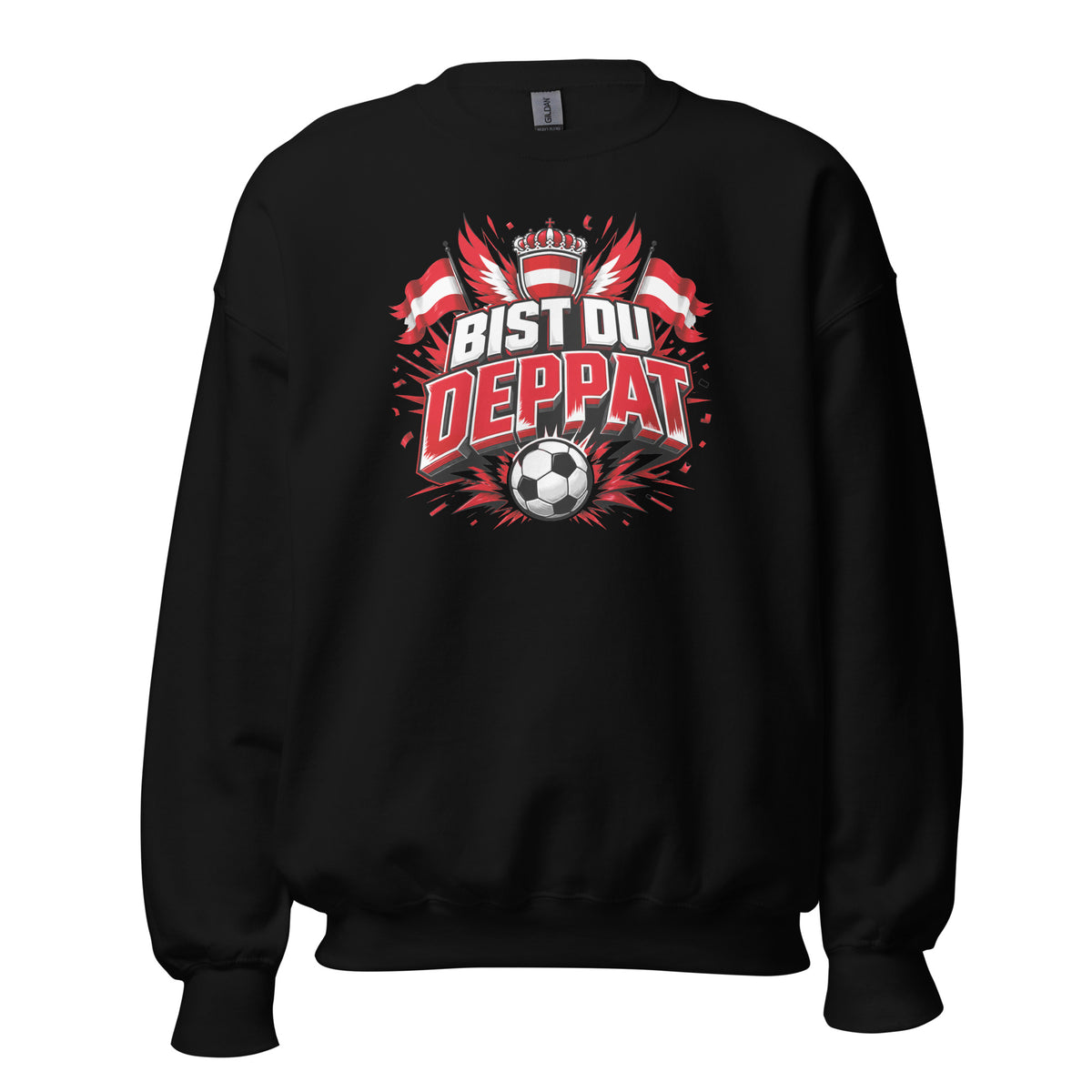 Bist du deppat! – Österreich Fußball Fan Sweater – schwarz, Vorderansicht