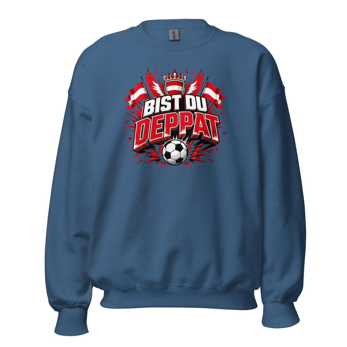 Bist du deppat! – Österreich Fußball Fan Sweater – blau, Vorderansicht