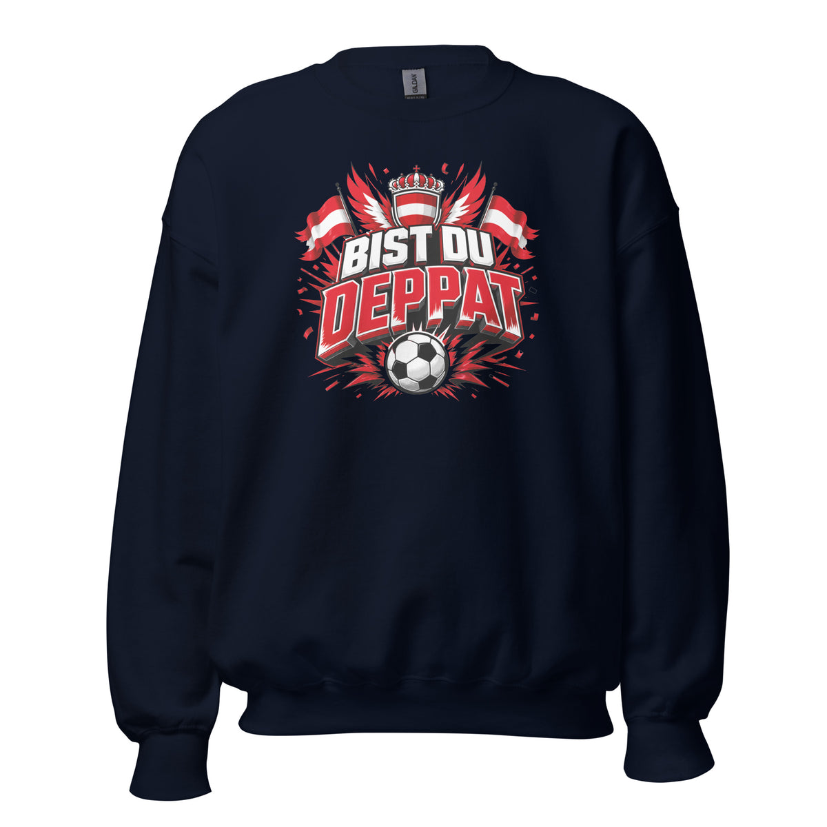Bist du deppat! – Österreich Fußball Fan Sweater – navyblau, Vorderansicht