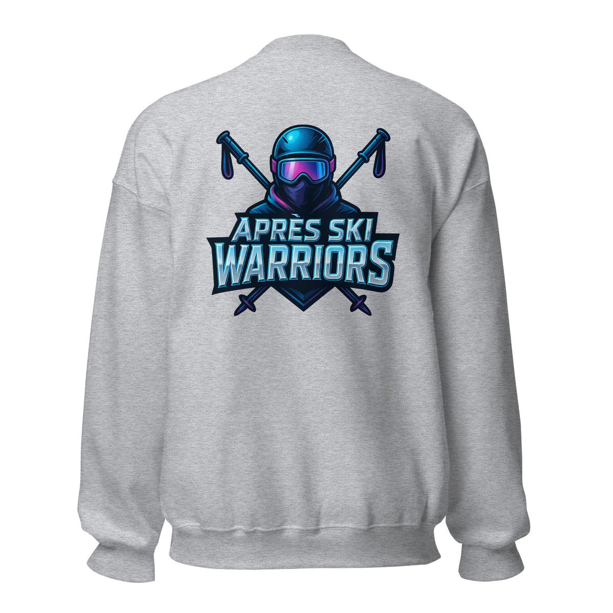 Après Ski Warriors – Backprint Sweater für Gruppenfeiern – sportgrau, Rückansicht