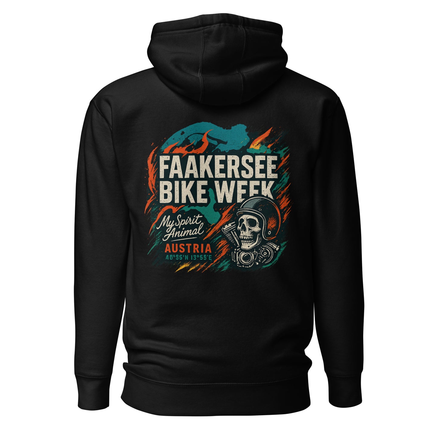 Faakersee Bike Week – Hoodie (Backprint) – schwarz, Rückansicht