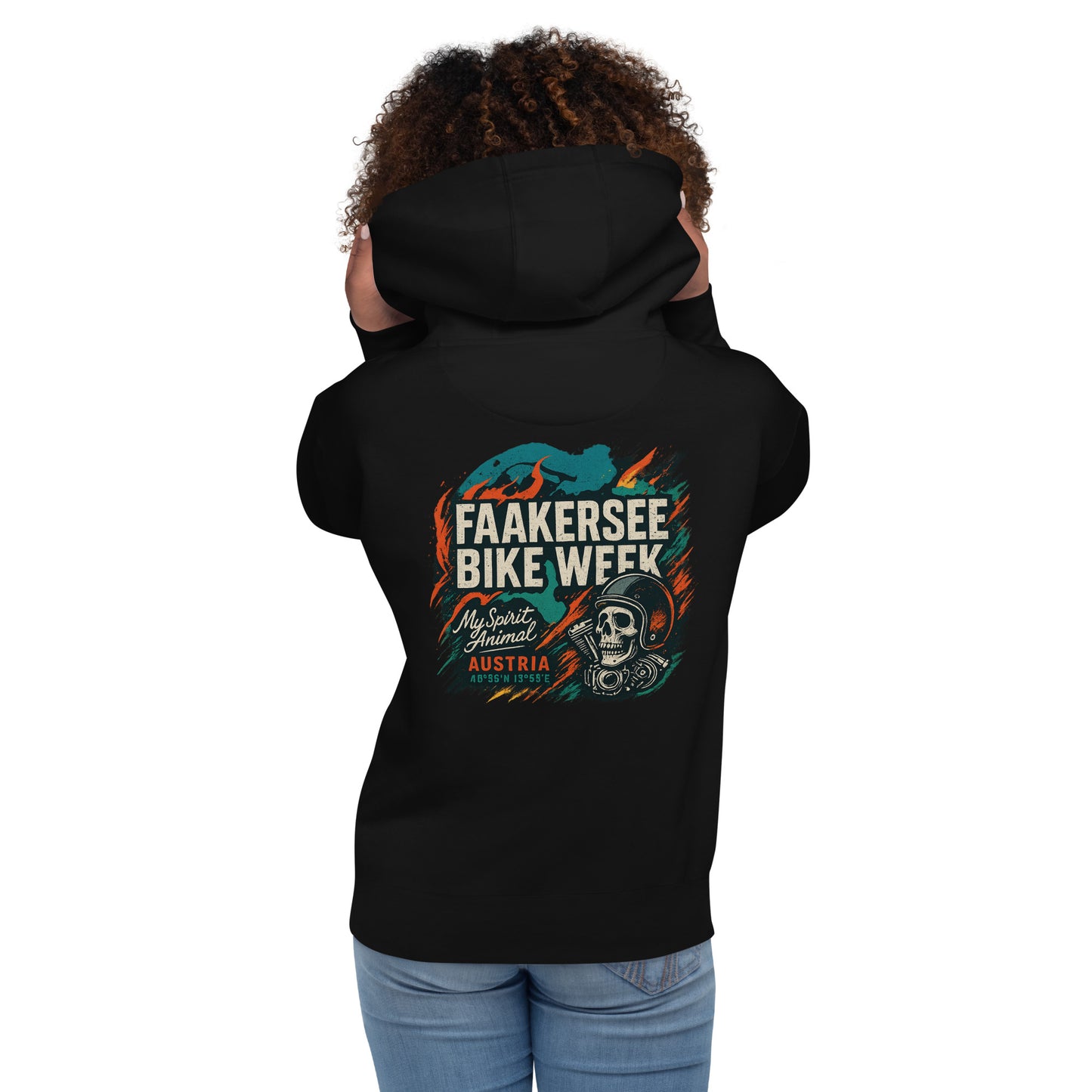 Faakersee Bike Week – Hoodie (Backprint) – schwarz, Rückansicht