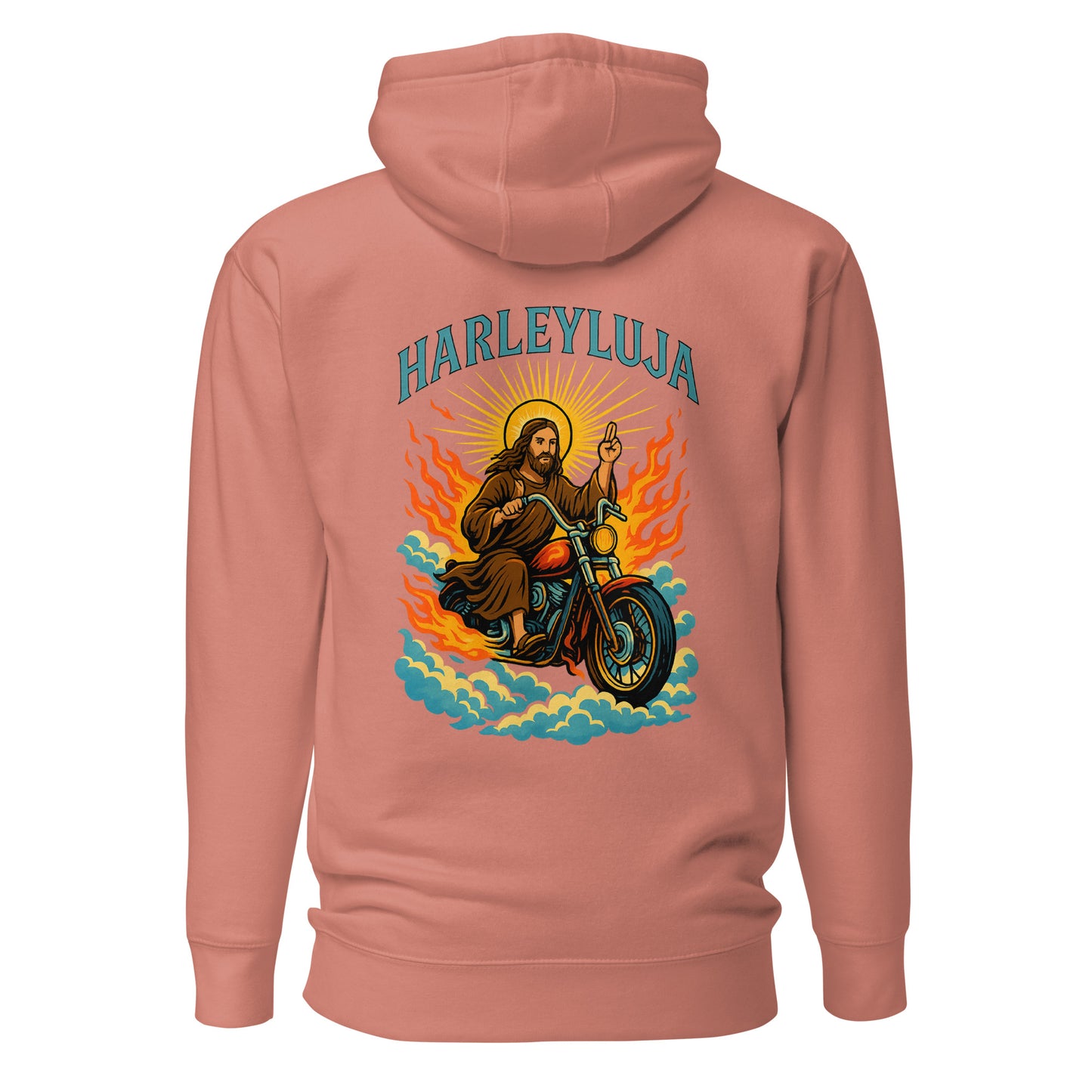 Harleyluja – Jesus fährt Chopper – Unisex Hoodie (Backprint)