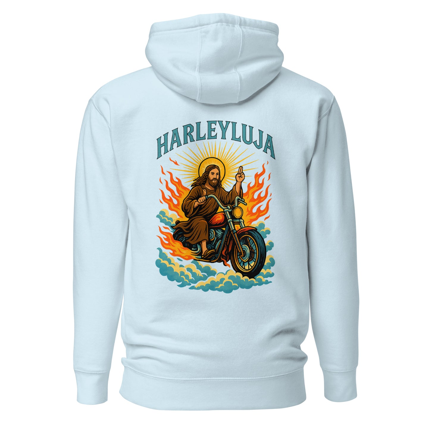Harleyluja – Jesus fährt Chopper – Unisex Hoodie (Backprint)