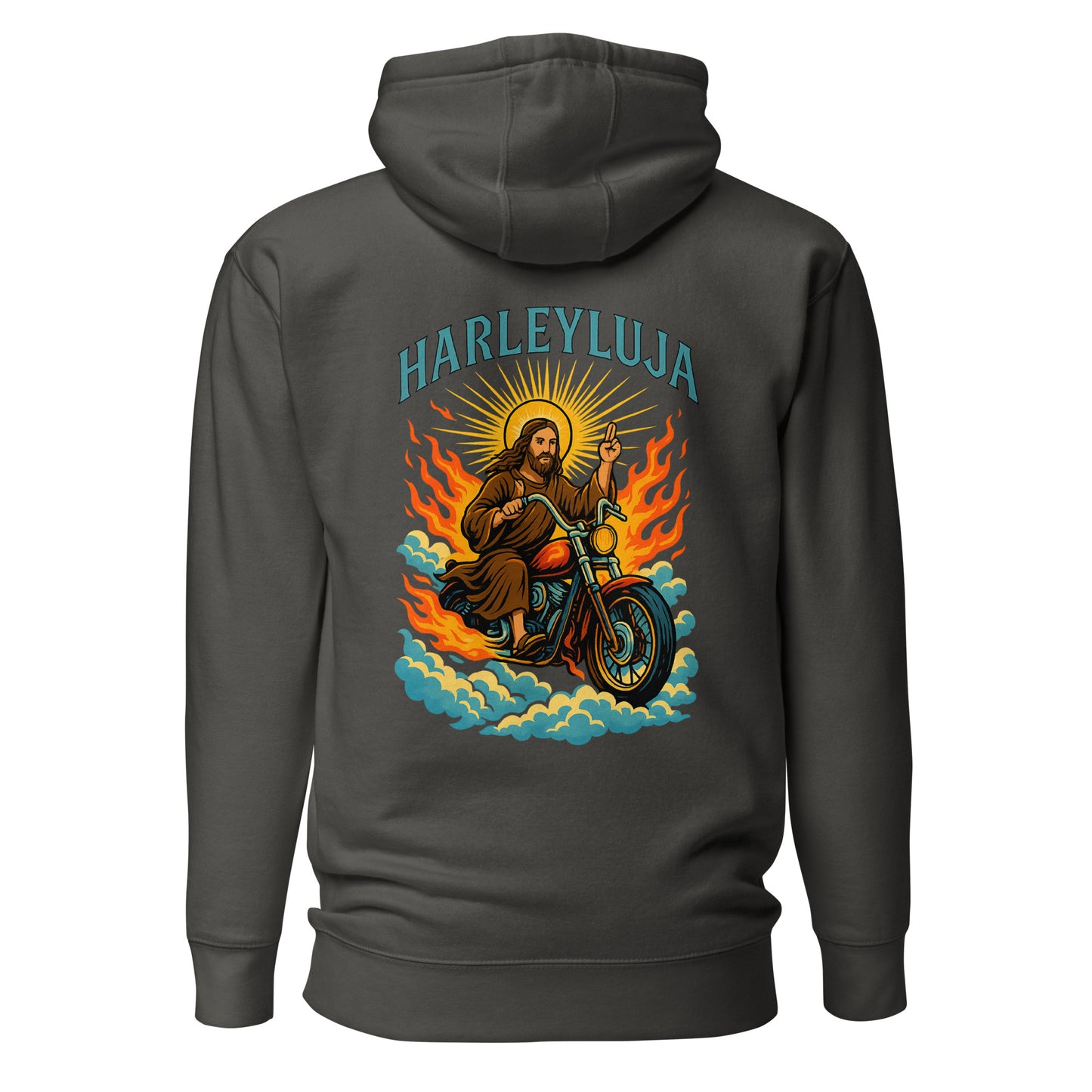 Harleyluja – Jesus fährt Chopper – Unisex Hoodie (Backprint)