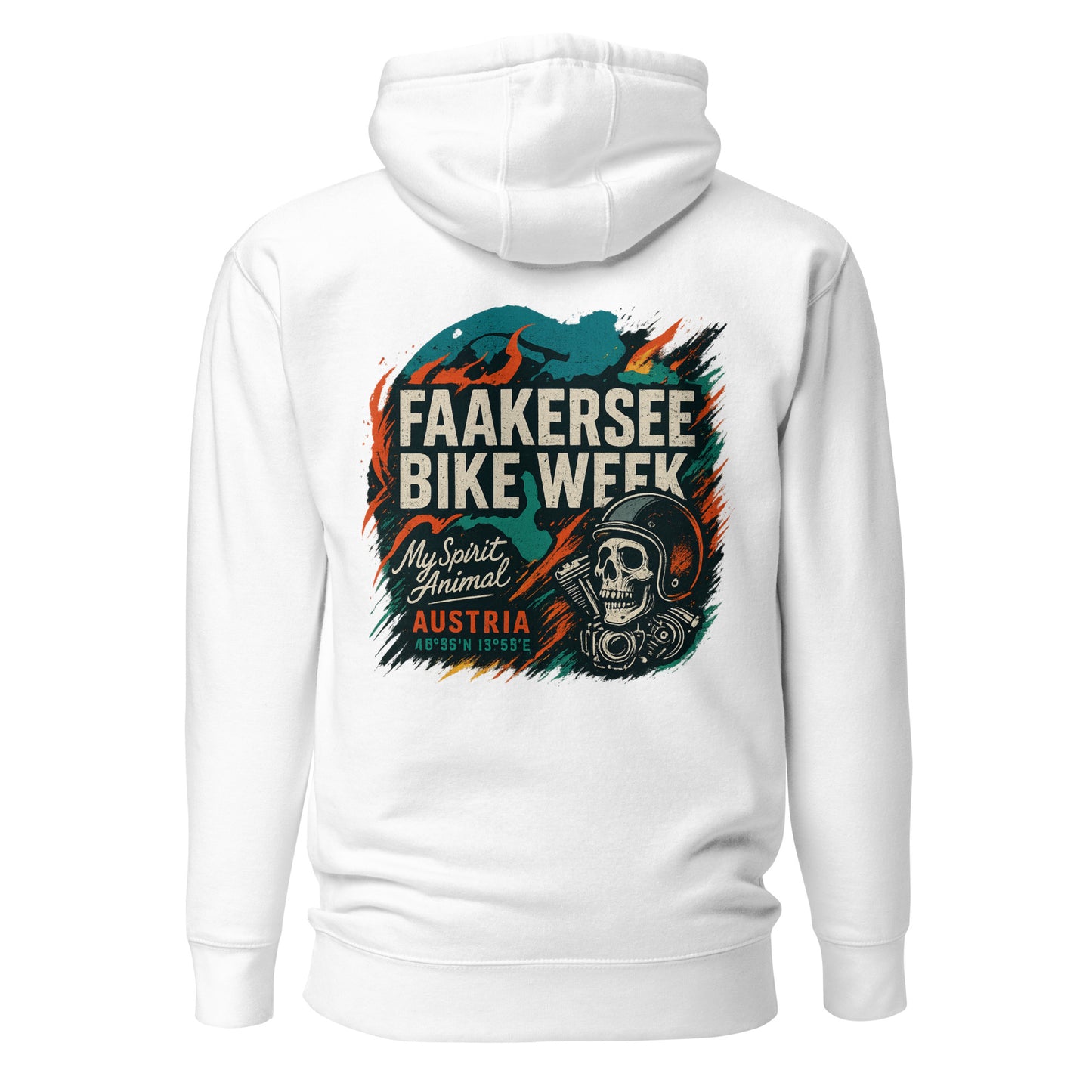 Faakersee Bike Week – Hoodie (Backprint) – weiß, Rückansicht