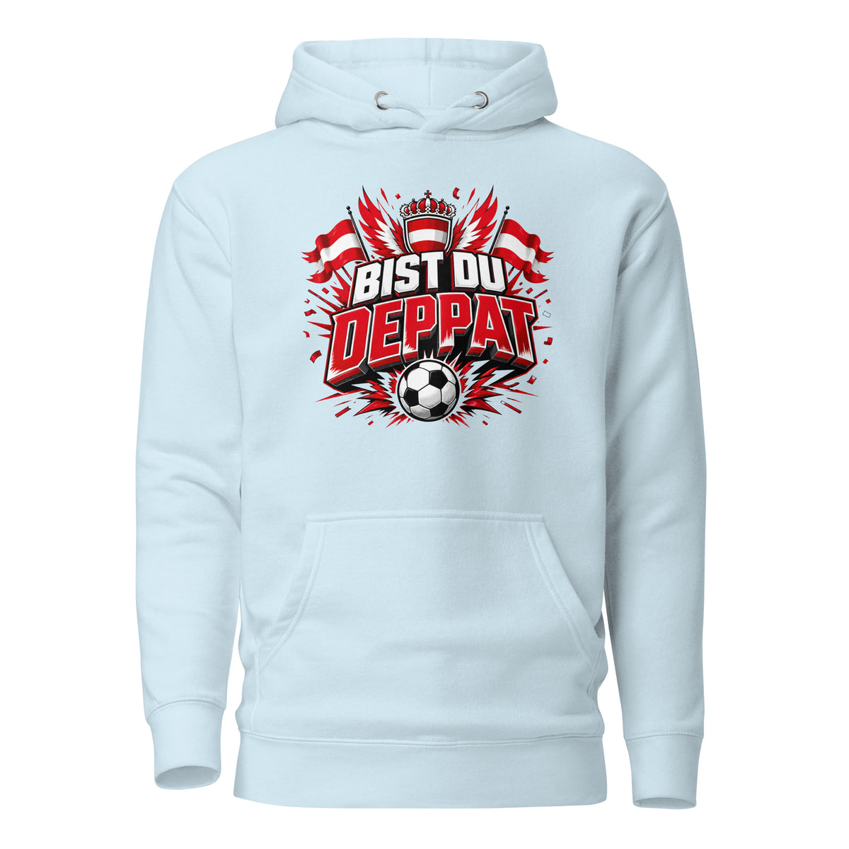 Bist du deppat! – Österreich Fußball Fan Hoodie – blau, Vorderansicht