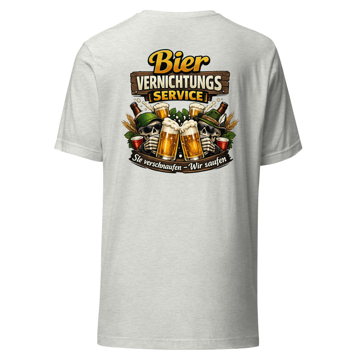Bier Vernichtungs Service – Backprint Unisex T-Shirt – aschgrau, Rückansicht