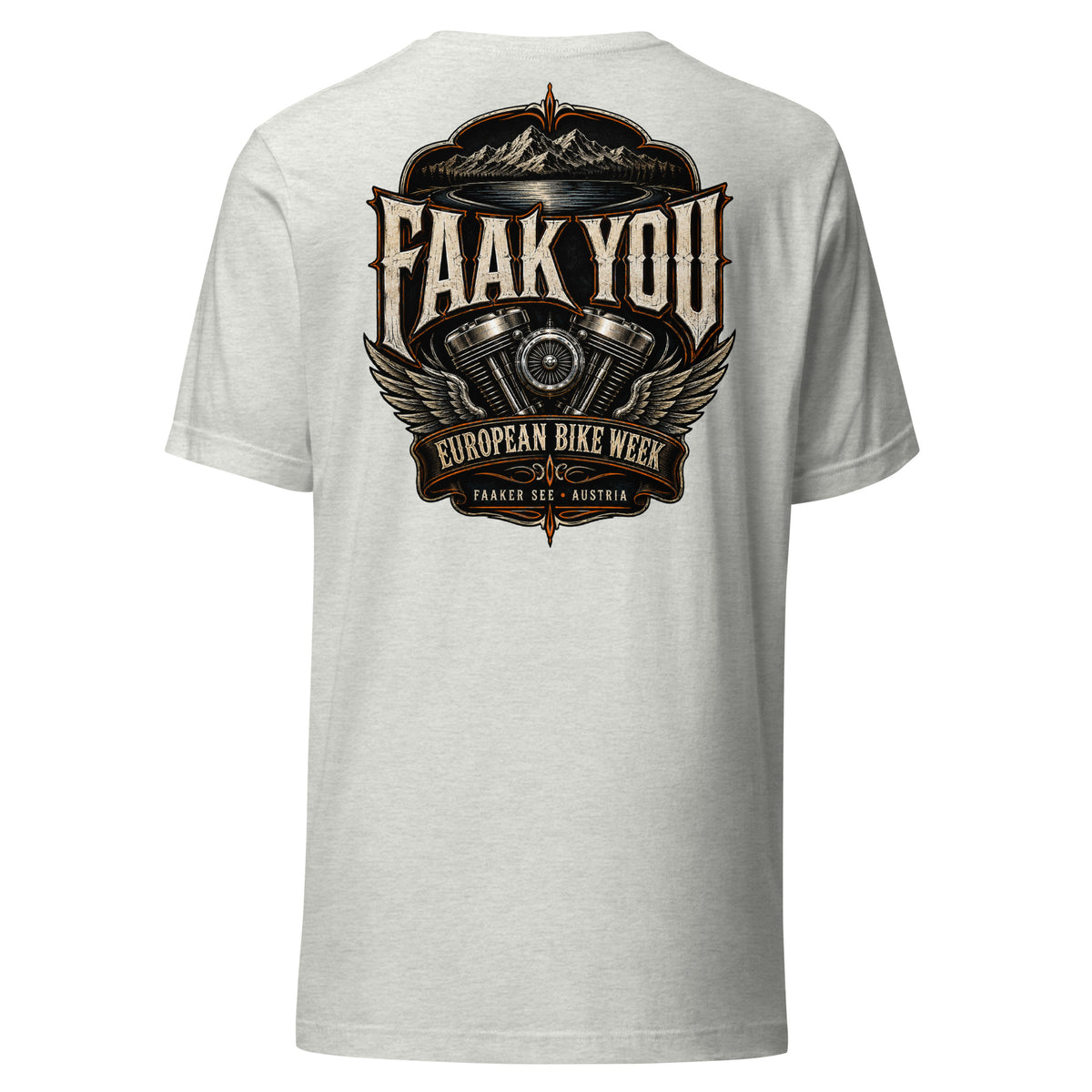 FAAK YOU – European Bike Week – Unisex T-Shirt Backprint – aschgrau, Rückansicht
