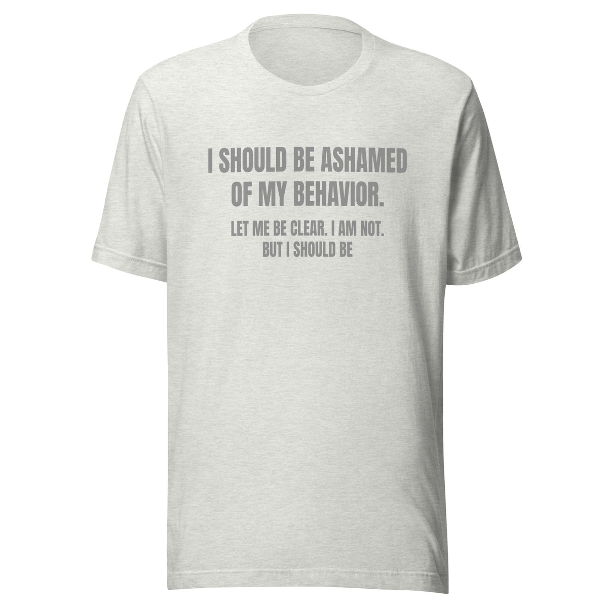Ashamed of My Behavior – Unisex T-Shirt – aschgrau, Vorderansicht