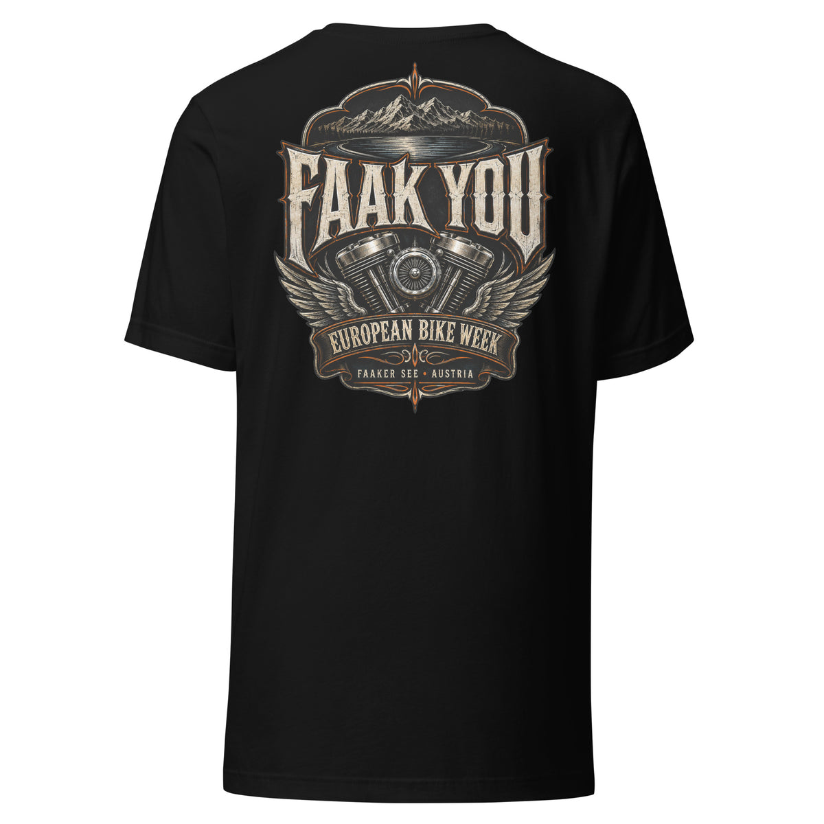 FAAK YOU – European Bike Week – Unisex T-Shirt Backprint – schwarz, Rückansicht