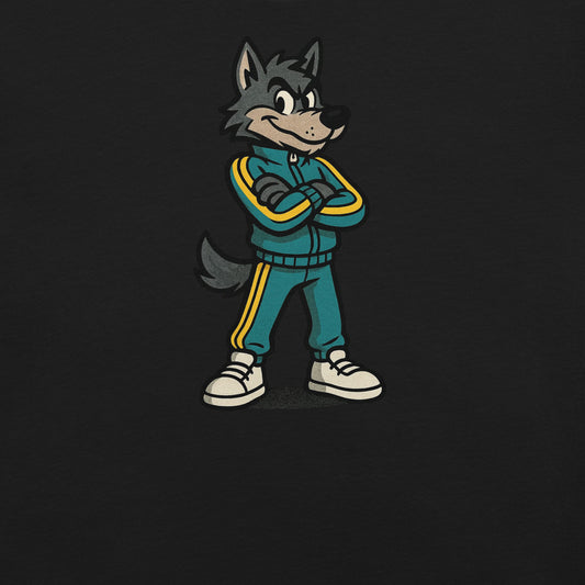 Wuffblock – Wolf im Trainingsanzug mit Alpha-Vibes