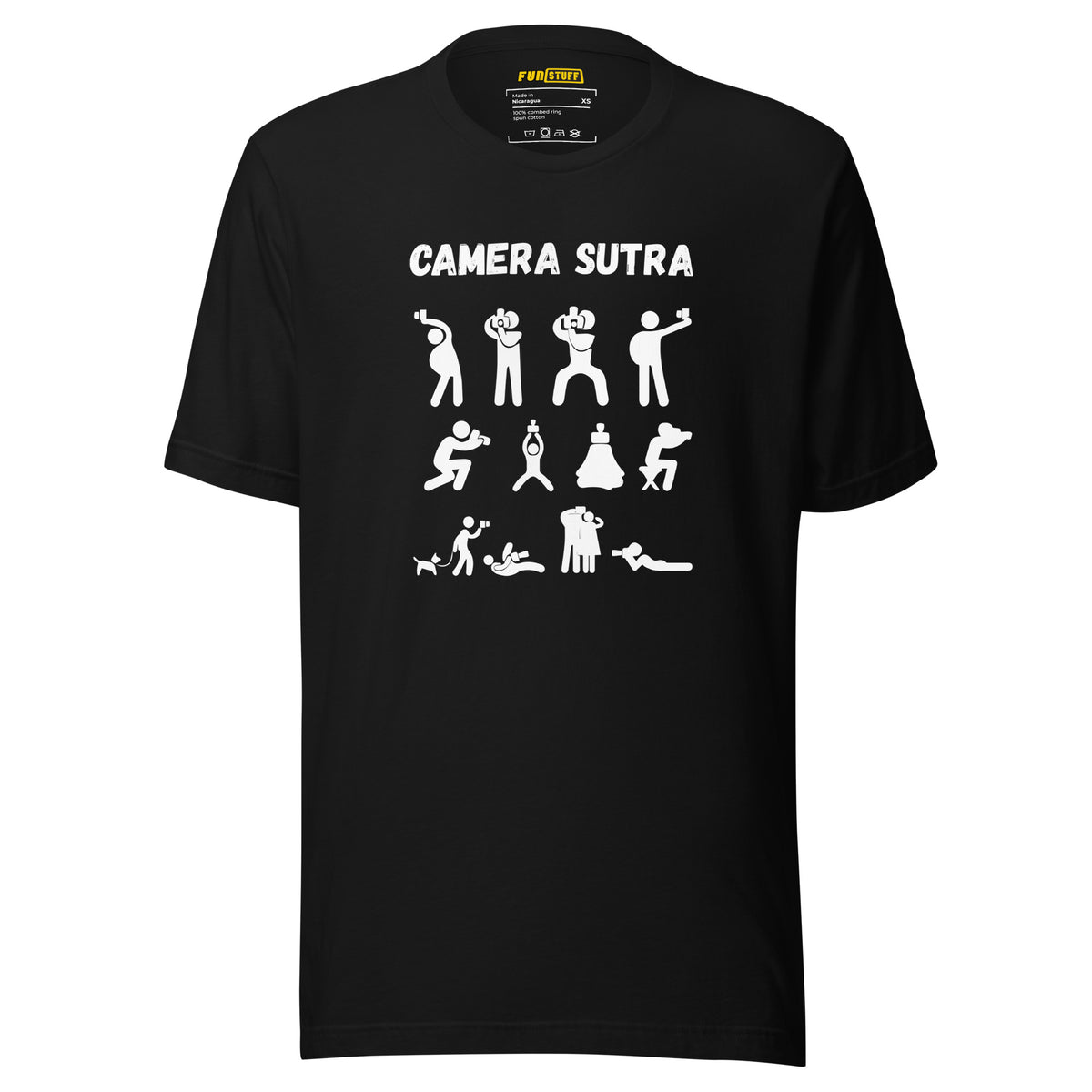 Camera Sutra – Lustiges T-Shirt für Fotografen & Selfie-Akrobaten - Vorderansicht bei FunStuff.at