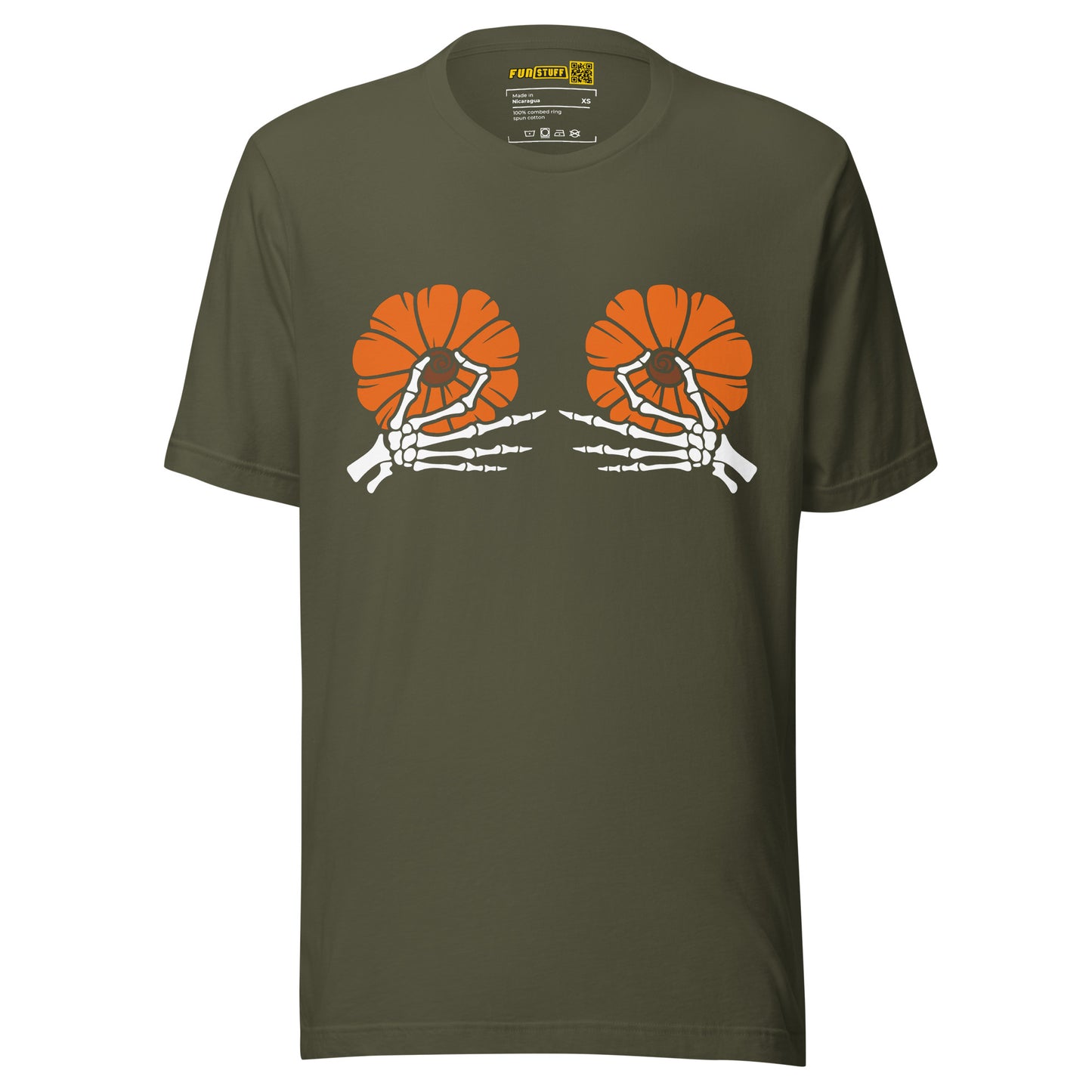 Pumpkin Boobs 2.0 – Halloween Shirt mit Skelett-Händen