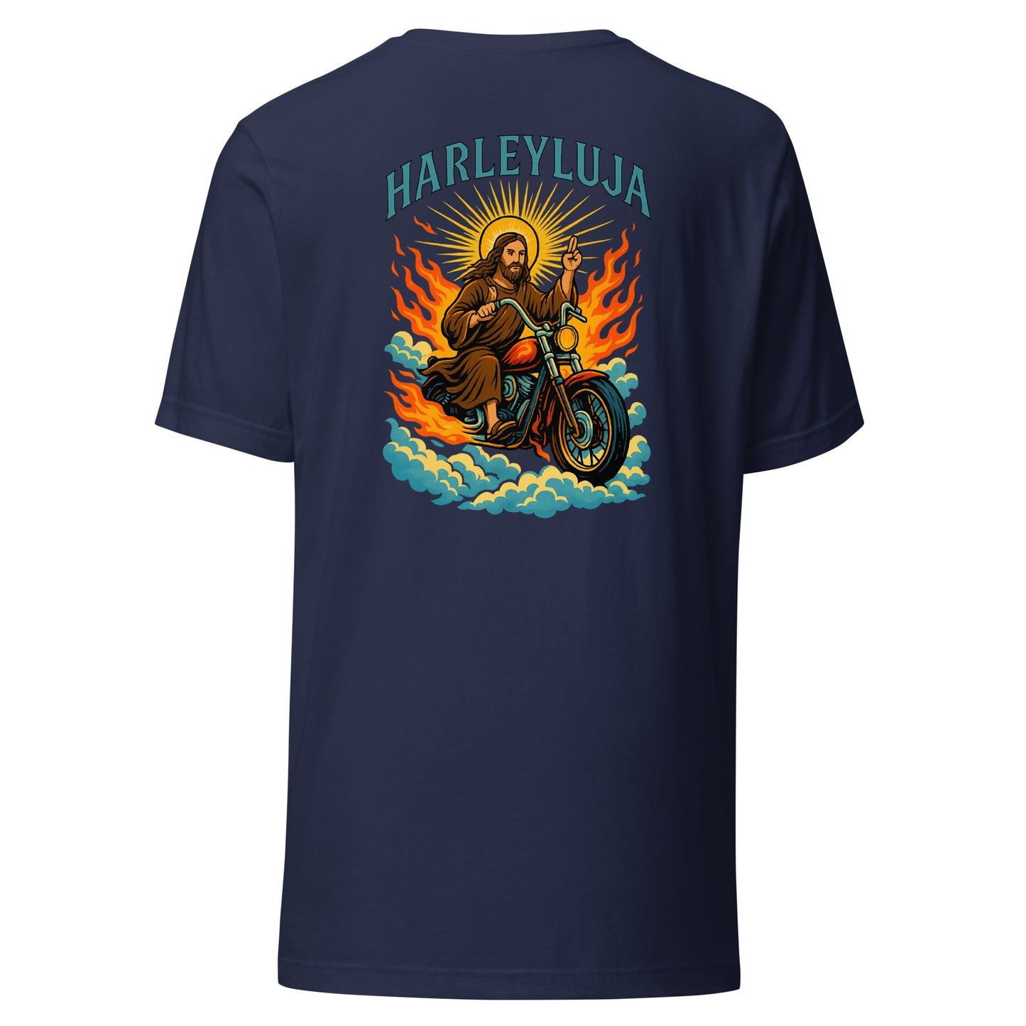 Harleyluja – Jesus fährt Chopper – Backprint T-Shirt