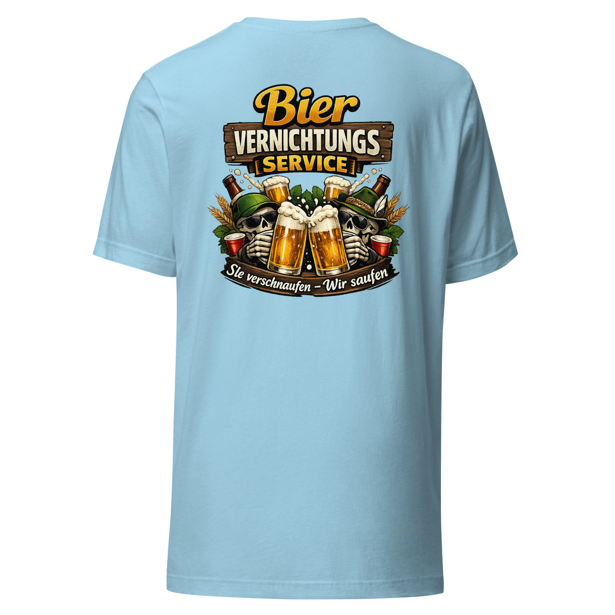Bier Vernichtungs Service – Backprint Unisex T-Shirt – blau, Rückansicht