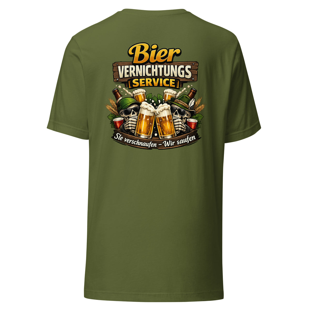 Bier Vernichtungs Service – Backprint Unisex T-Shirt – olivgrün, Rückansicht