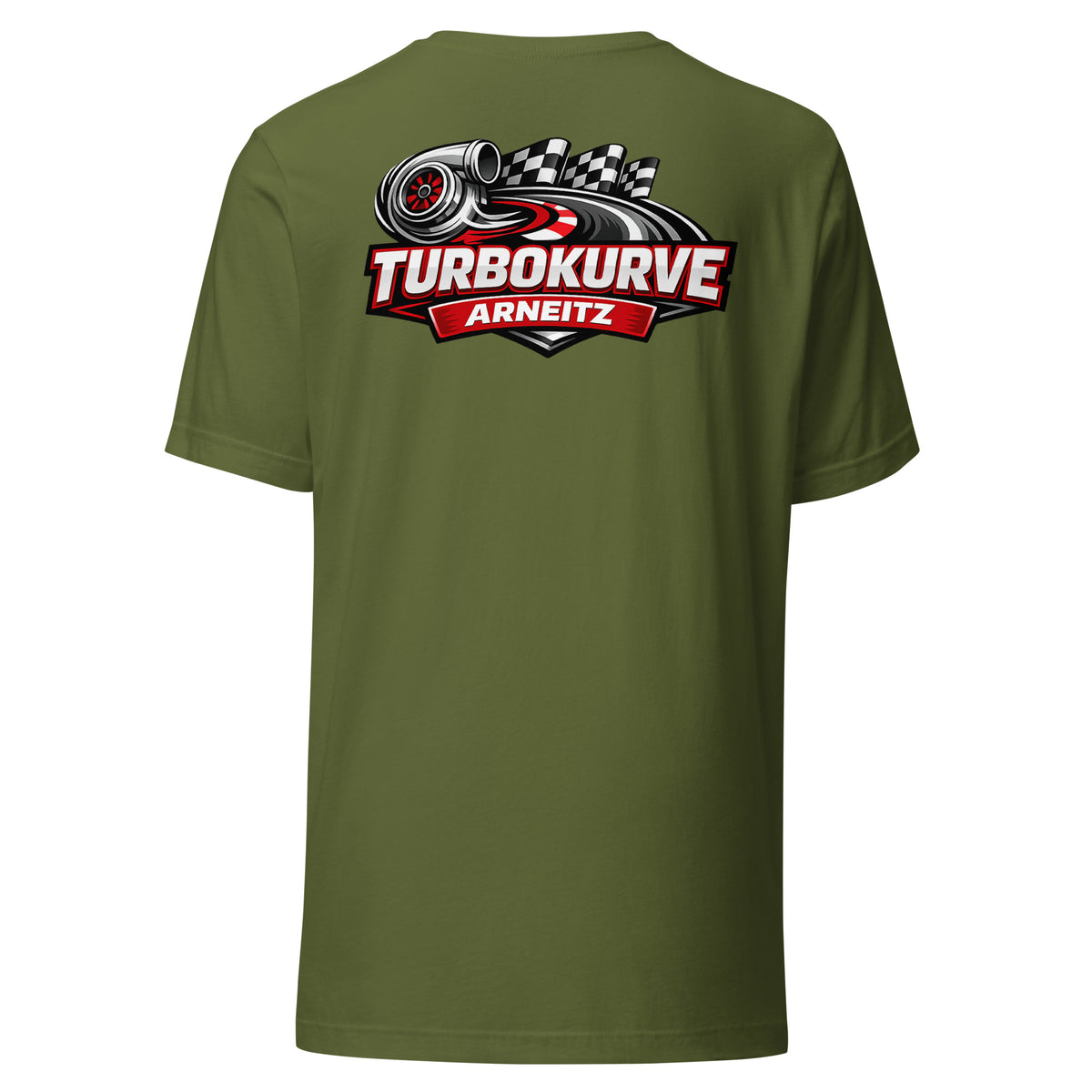 Turbokurve Arneitz – Backprint Unisex T-Shirt – olivgrün, Rückansicht