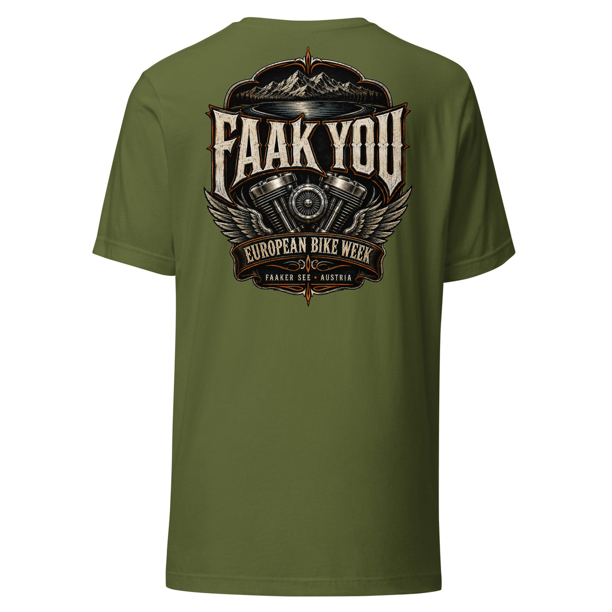 FAAK YOU – European Bike Week – Unisex T-Shirt Backprint – olivgrün, Rückansicht