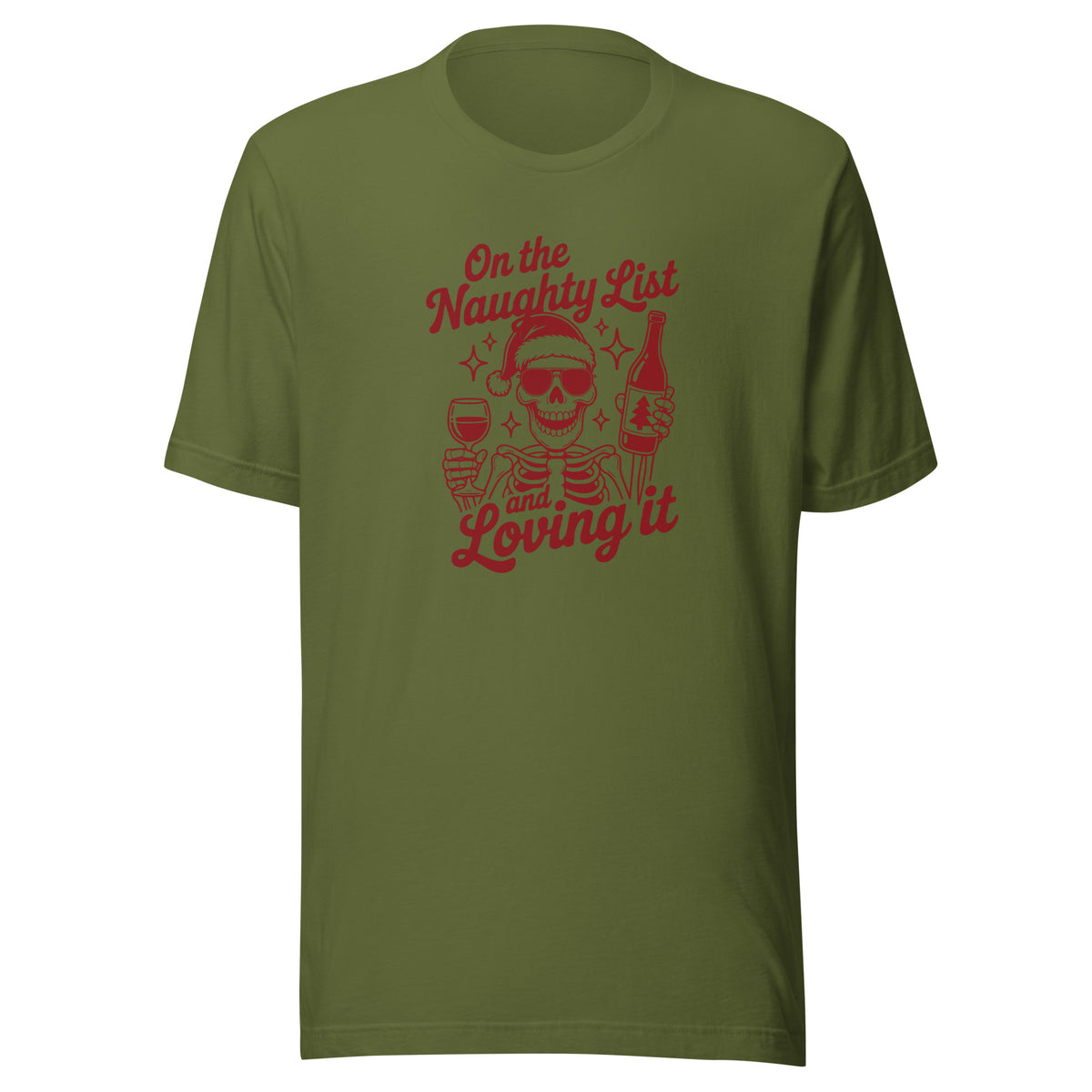 On the Naughty List and Loving It – Unisex T-Shirt – olivgrün, Vorderansicht