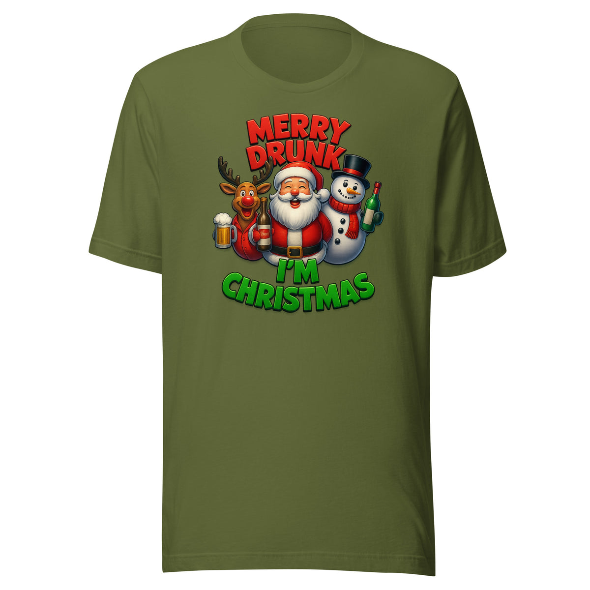 Merry Drunk I’m Christmas – Unisex T-Shirt – olivgrün, Vorderansicht