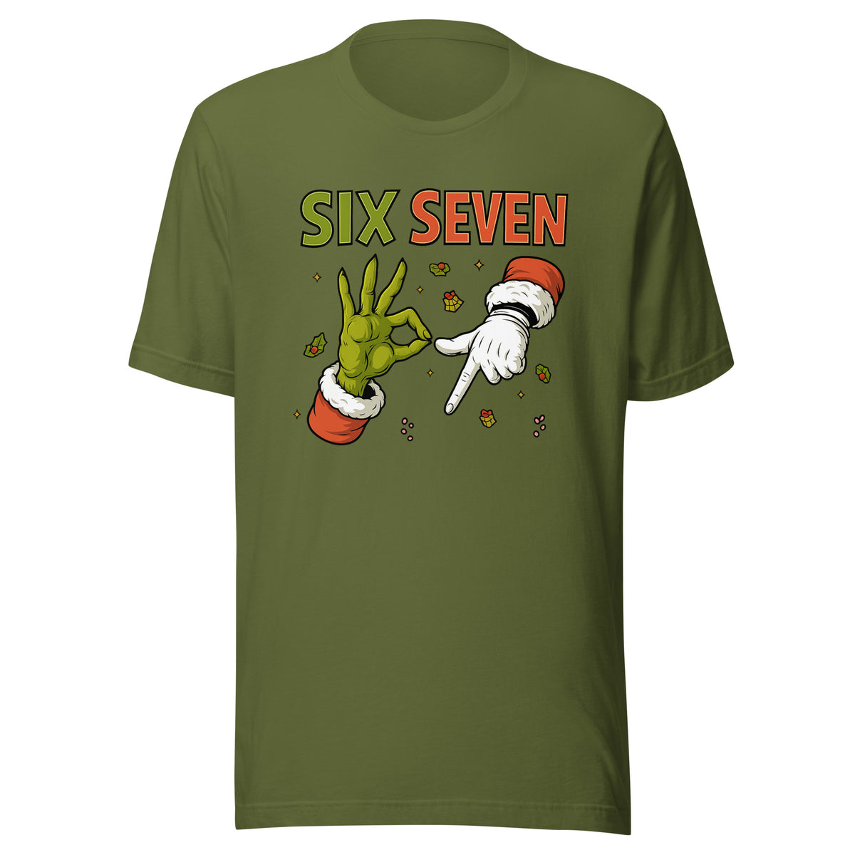 Six Seven – Christmas Meme Edition – Unisex T-Shirt – olivgrün, Vorderansicht