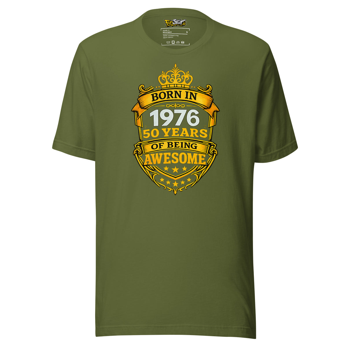 Born in 1976 – 50 Years of Being Awesome – Unisex T-Shirt – olivgrün, Vorderansicht
