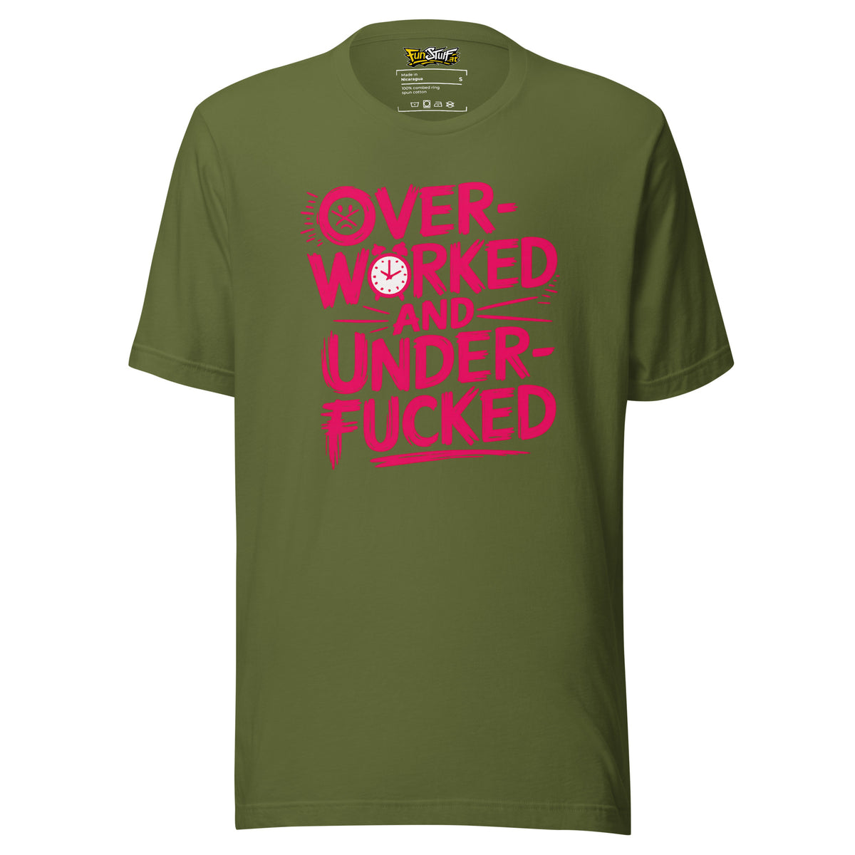 Overworked and Underf*cked – Unisex T-Shirt – olivgrün, Vorderansicht