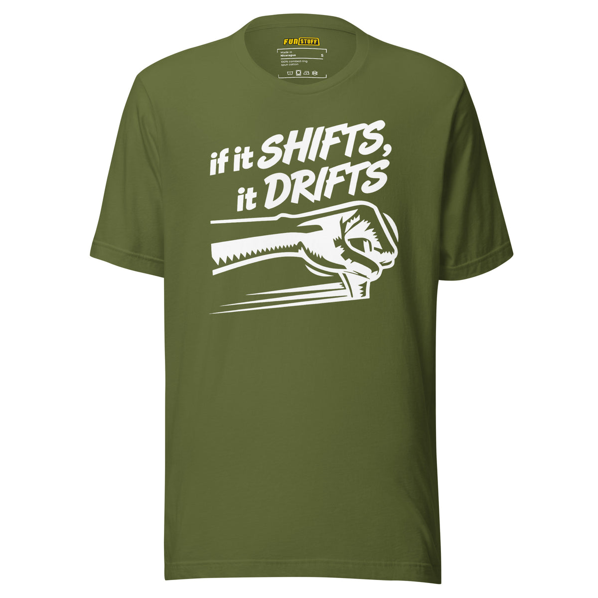 If It Shifts It Drifts Unisex-T-Shirt – olivgrün, Vorderansicht