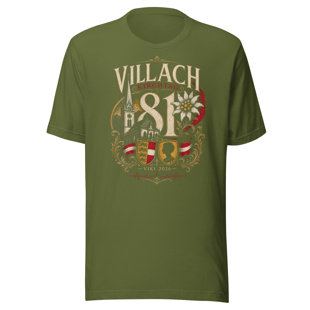 81. Villacher Kirchtag VIKI 2026 – Limited Edition – Unisex T-Shirt – olivgrün, Vorderansicht