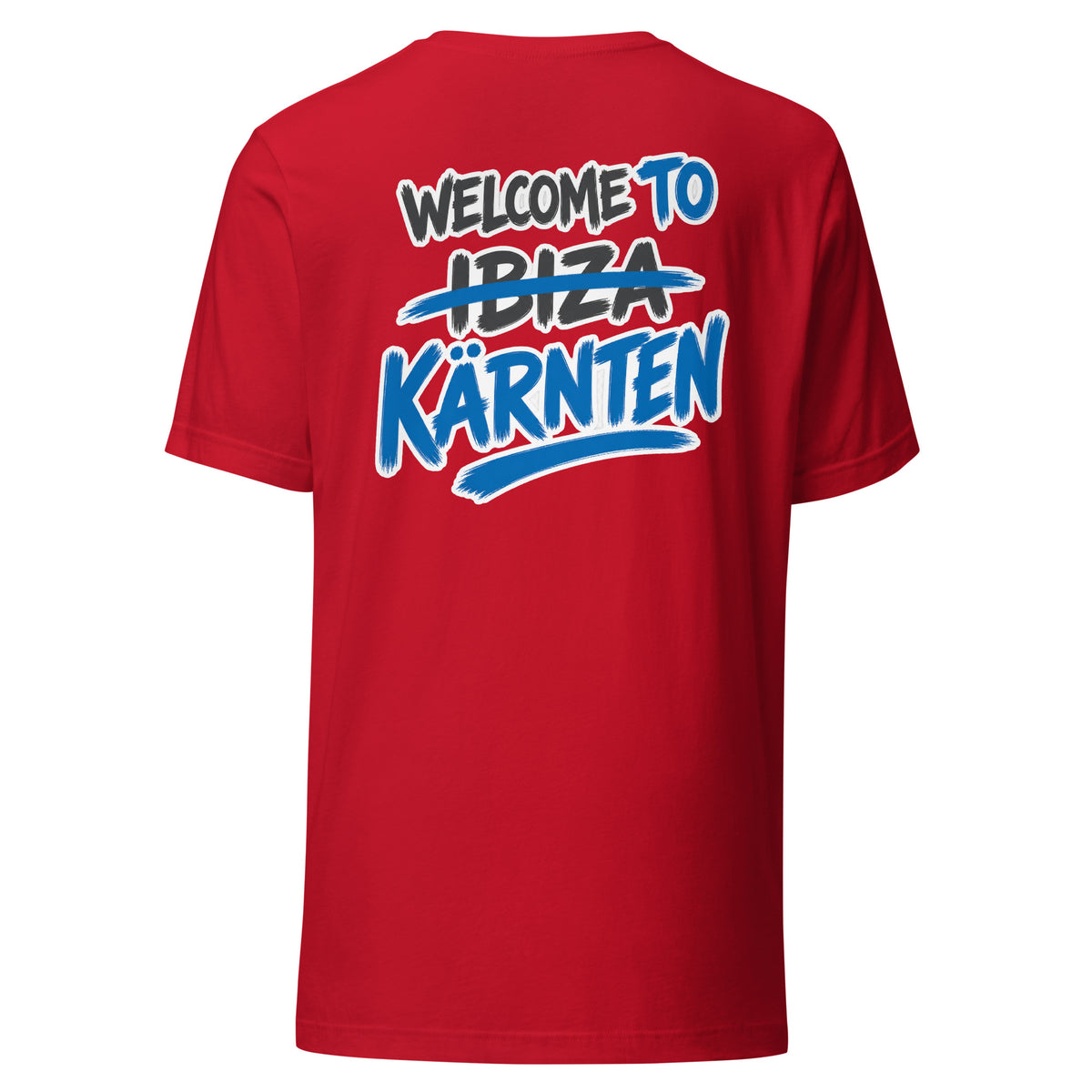 Welcome to Kärnten – White Night Ibiza Edition – Unisex T-Shirt Backprint – rot, Rückansicht